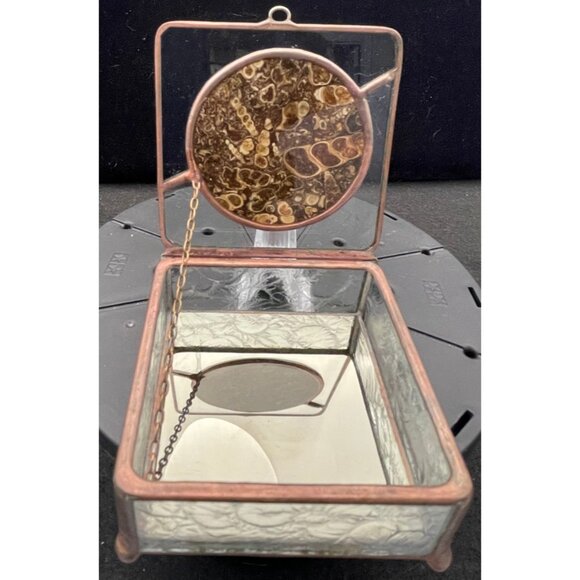 Turritella Agate / Fossil Hand Made Brass Glass Mirror Jewelry Box 1984 (2-3/4) - Picture 1 of 12